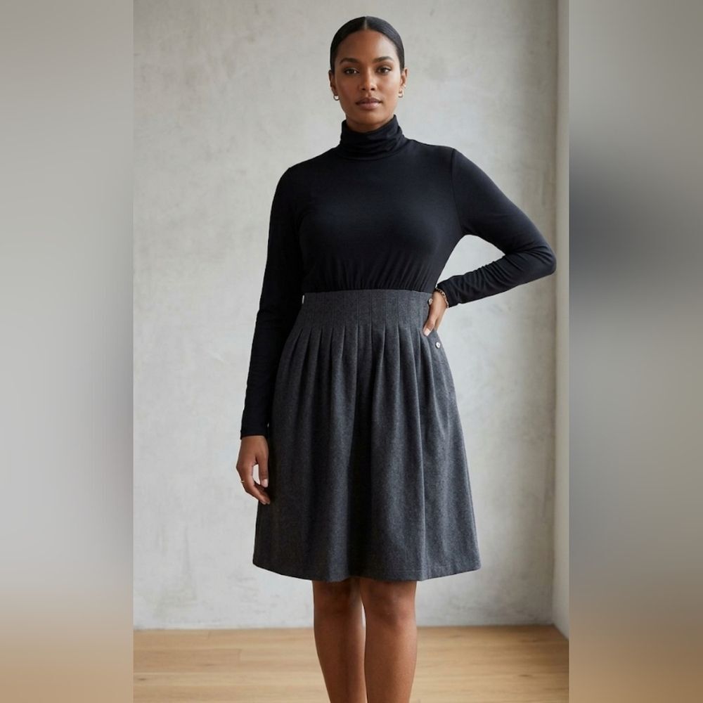 Theory Mixed Media Turtleneck Dress Black Grey Wool Blend Pleated Midi Skirt , M